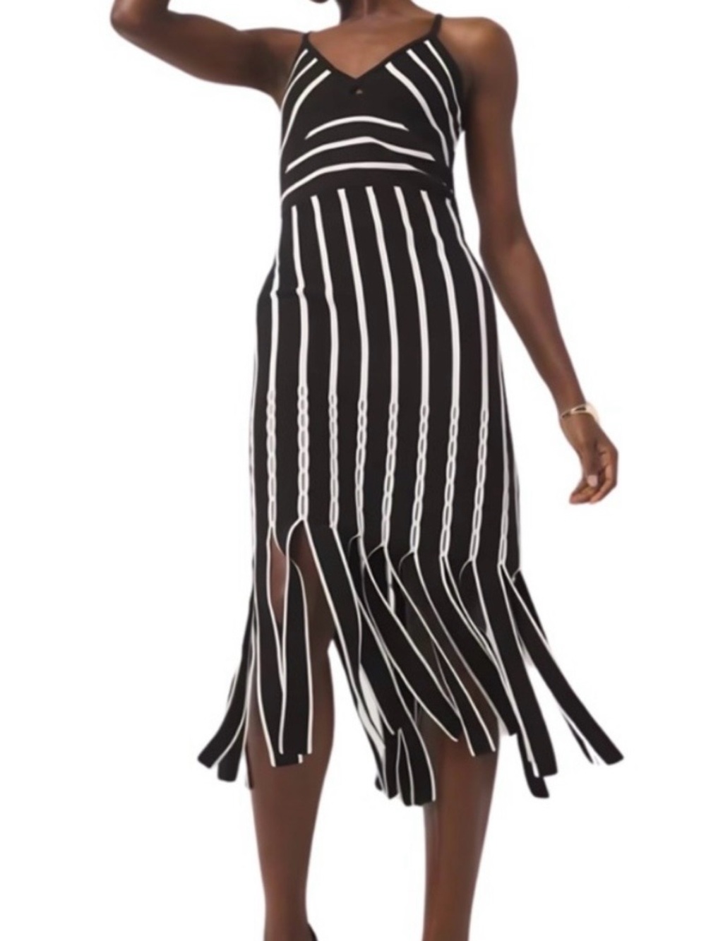 White House Black Market Black & White Striped Fringe Midi Dress